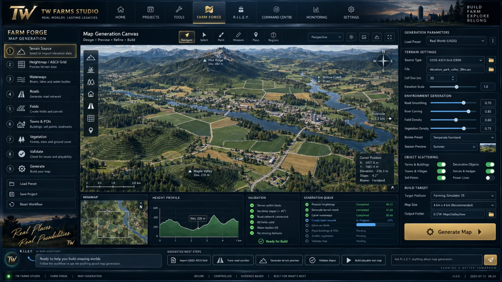 Farm Forge map canvas showing terrain routing and world-building workspace