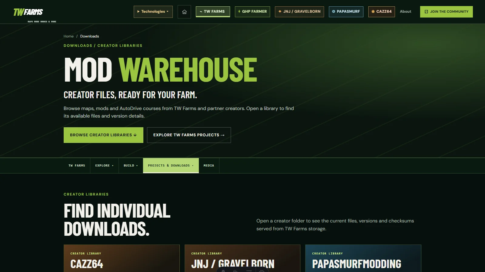 TW Farms Mod Warehouse downloads interface